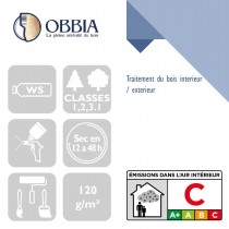 Pictogrammes de mise en oeuvre et certification(s) pour le Traitement du bois interieur / exterieur Obbia