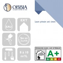 Pictogrammes de mise en oeuvre et certification(s) pour le Lasure primaire anti ciment Obbia